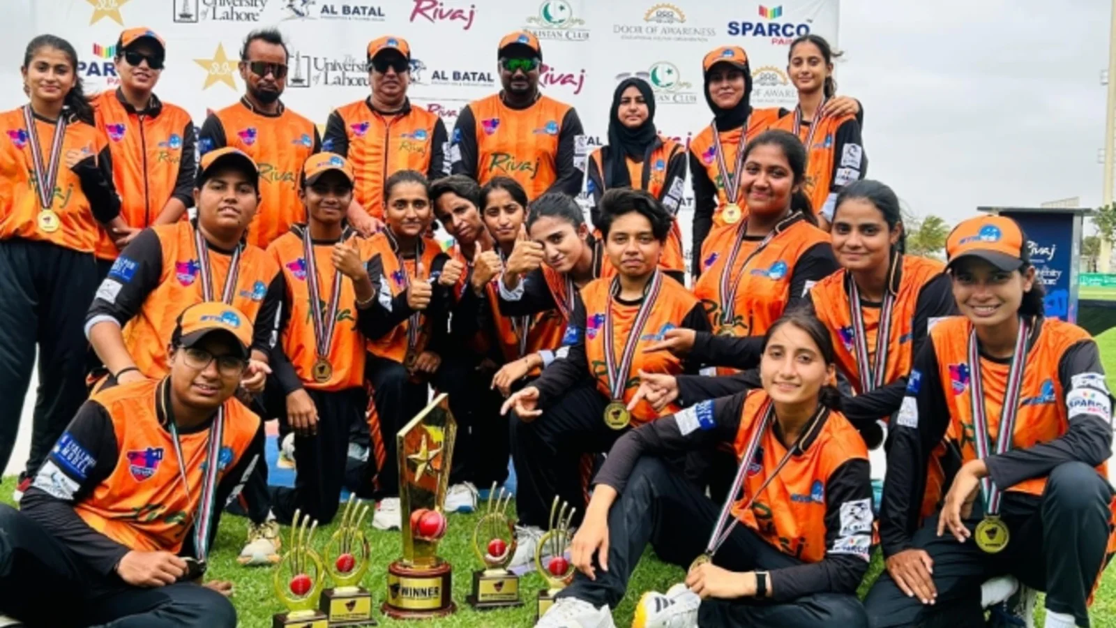Komal Khan’s Stars celebrate their four-run win over Challengers in the National Women’s U19 final in Karachi.