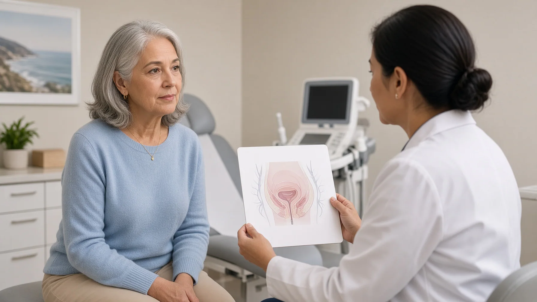 Postmenopausal woman discusses radiofrequency treatment research with a clinician in a modern gynecology consultation room.